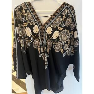 Rose & Olive Womens XL Blouse Tunic Top Black V Neck Flowy Dolman Oversize Boho